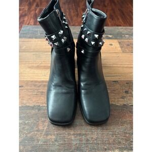 She & In Black Square Toe Studded Ankle Boots Block Heel Womens Size 37 7